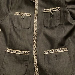 Talbots 10 charcoal black blazer white houndstooth fringe. 4 pockets, EUC